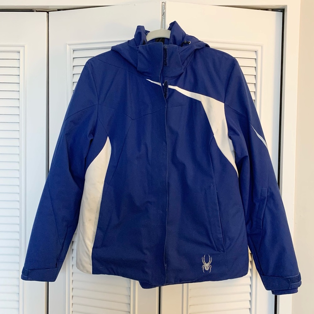 Blue spider ski jacket with detachable hood size 10